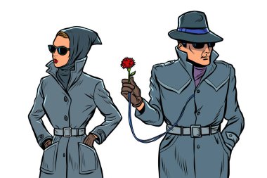 Erkek ve kadın gizli ajanlar, casuslar. beyaz arka planda yalıtma