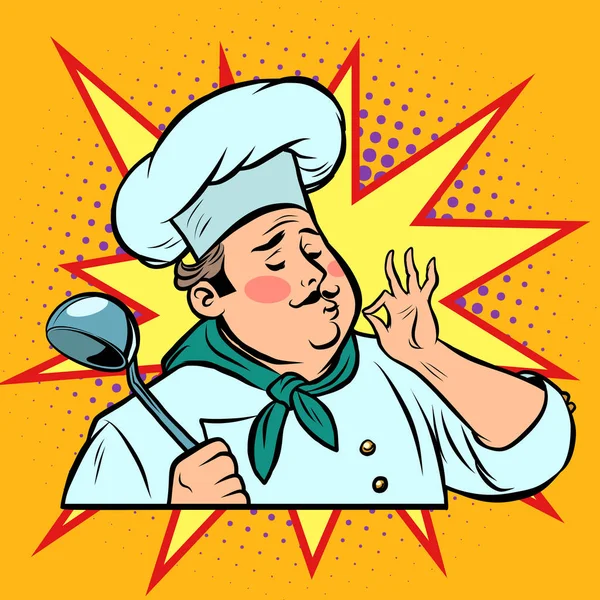 Arte pop retro cocinero ok gesto, sabor de la comida gourmet — Vector de stock