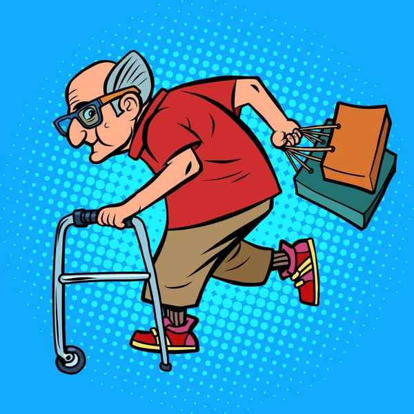 Active old man with shopping — Stock Vector