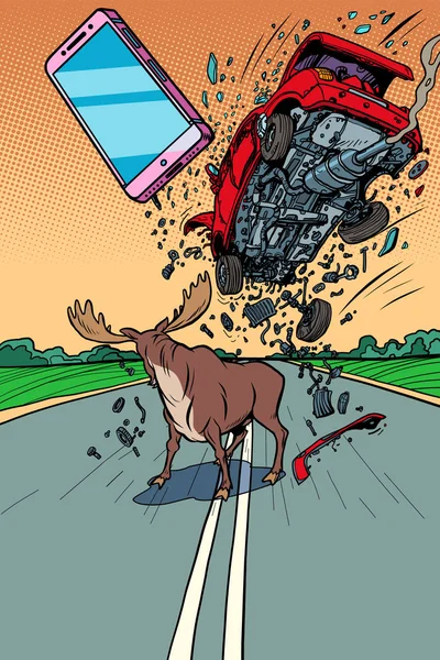 Животные на дороге. Водитель отвлёкся на смартфон и машина разбилась. — стоковый вектор