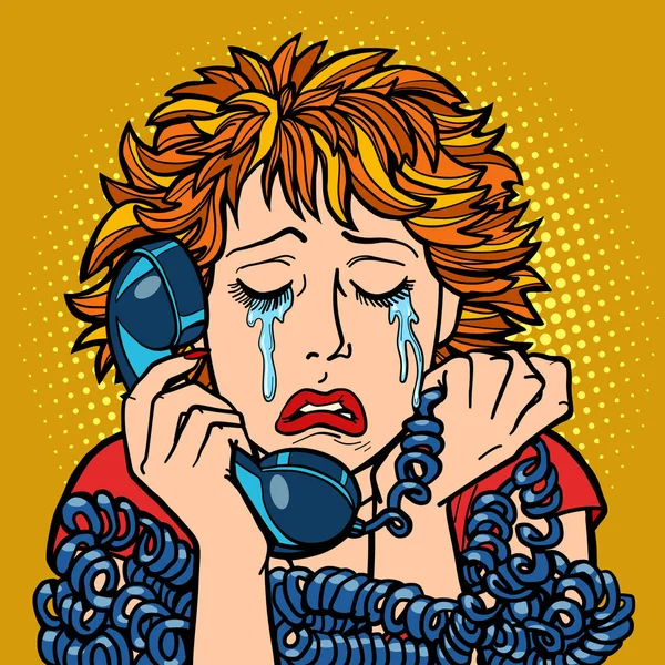 Mujer llorando emociones humanas. conversación telefónica — Vector de stock