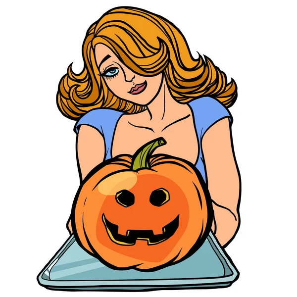 Femme invite à Halloween, tient un plateau citrouille Jack — Image vectorielle