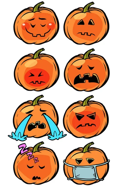 Tristezza sonno malattia lacrime solitudine Emoji Halloween zucca set collezione — Vettoriale Stock