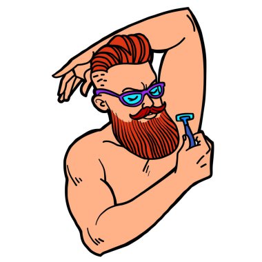 sakallı hipster adam bir jilet ile koltuk altı tıraş