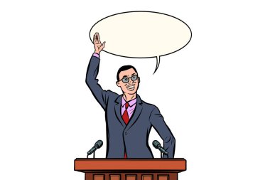 Asyalı Işadamı veya siyasetçi konuşmacı kürsüde konuşuyor