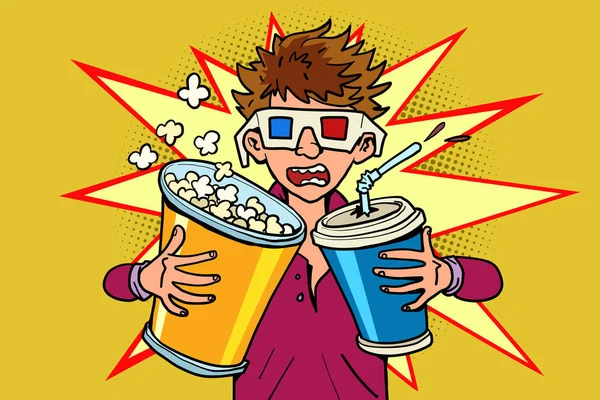 Vyděšenej kluk ve skleničkách v kině s popcornem a colou — Stockový vektor