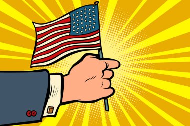 Amerikan bayrağıyla el ele tutuşmak. Bağımsızlık Günü. Vatanseverlik sembolü