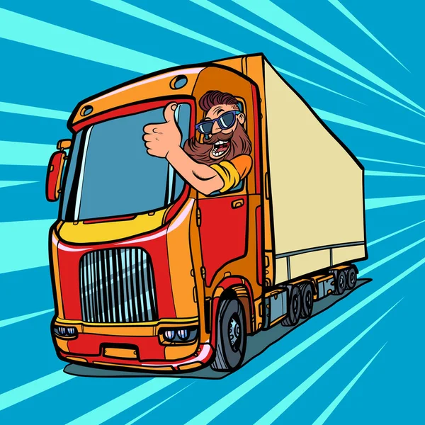 Chauffeur de camion. homme avec la barbe pouces levés — Image vectorielle