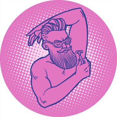 sakallı hipster adam bir jilet ile koltuk altı tıraş