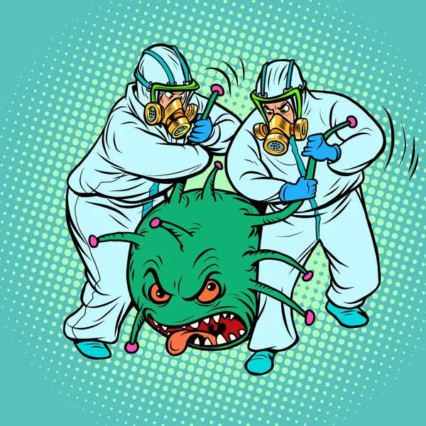 Artsen in beschermende pakken en een coronavirus. Humor karikatuur. Het virus werd gearresteerd als een crimineel. — Stockvector