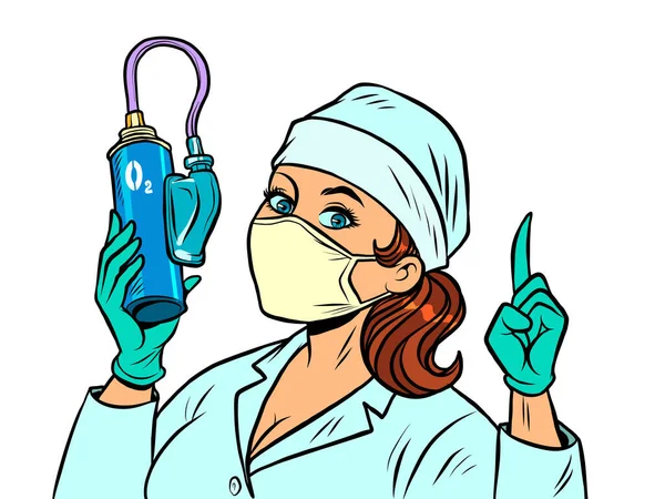 Enfermeira com um cilindro de oxigênio medicinal — Vetor de Stock