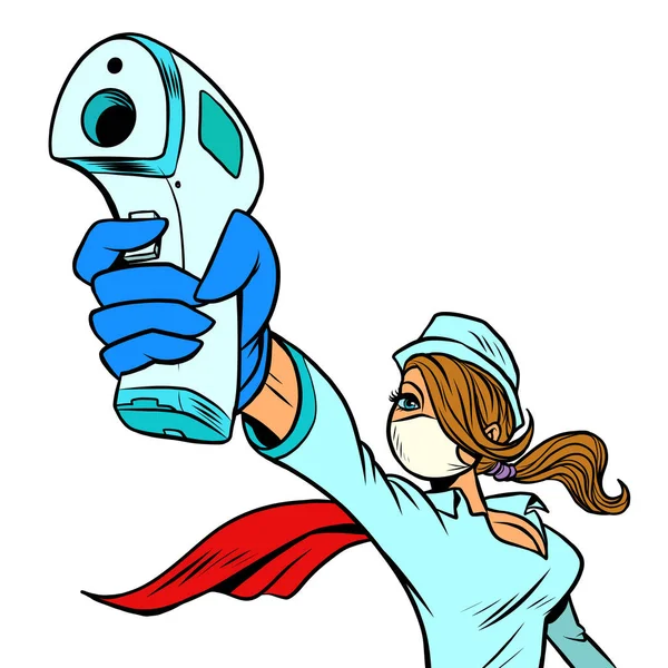 Superhelden-Krankenschwester mit Fernthermometer — Stockvektor