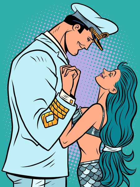 Ein Kapitän und eine Meerjungfrau. Liebespaar Mann und Frau — Stockvektor