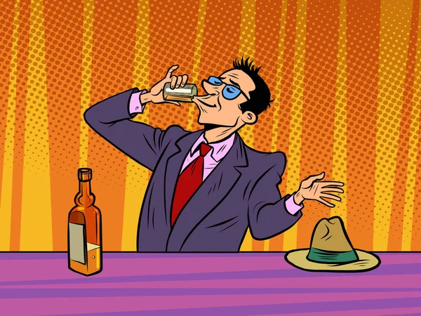 Férfi iszik erős alkohol egy bárban, alkoholizmus — Stock Vector