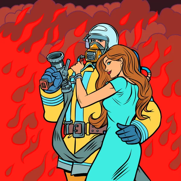 Un pompier sauve une femme — Image vectorielle