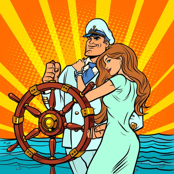 Capitão de navio em um uniforme branco com uma mulher bonita — Vetor de Stock
