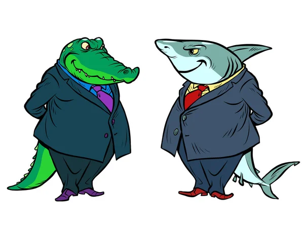 Köpekbalığı ve timsah. İki iş adamı iletişim kuruyor, iş toplantısı. — Stok Vektör