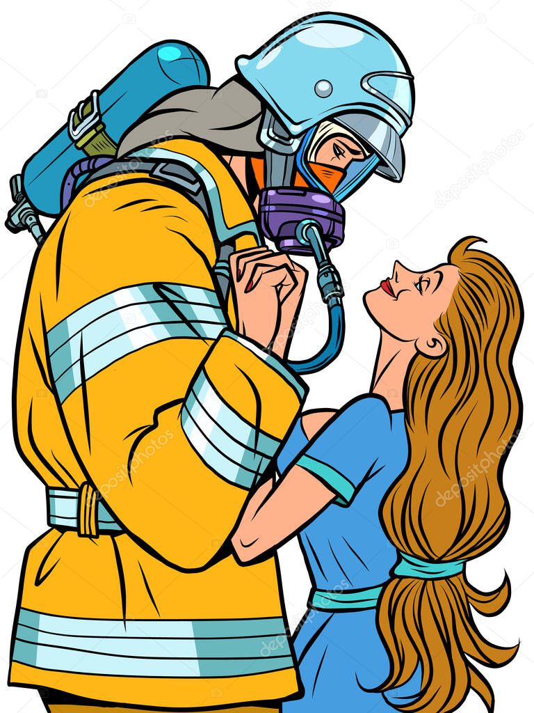 Fire rescue hero. Couple in love man and woman