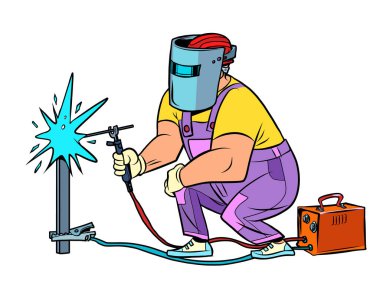 Kaynakçı. İşçi malzemeyi kaynaklıyor. İnşaat ve yenileme