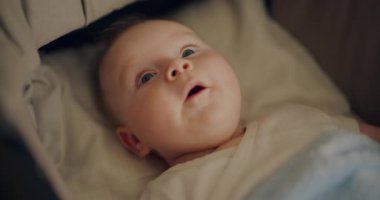 Bebek arabasında uzanan sakin bir bebeğin yakın plan görüntüsü, hassas yüz hatlarını ve huzurlu ifadesini yakalıyor..