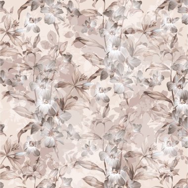 Orkide çiçekli ve yapraklı kusursuz çiçek deseni. Orkideli çiçek arkaplanı