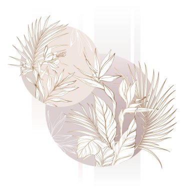 Grafik şeklinde egzotik çiçekler ve yapraklarla tropikal ve çiçek deseni. Çelik ve palmiye yapraklı vektör deseni.