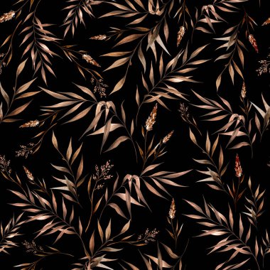 Yapraklar, kurumuş çiçekler ve dallarla geleneksel dikişsiz suluboya deseni çizilmiş.