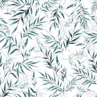 Yapraklar, kurumuş çiçekler ve dallarla geleneksel dikişsiz suluboya deseni çizilmiş.