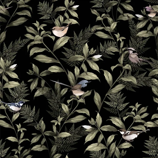 Seamless Floral Pattern Leaves Branches Birds Vector Seamless Black Background — Stock Vector