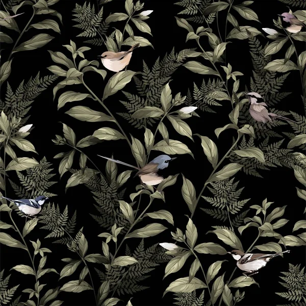 Seamless floral pattern with leaves, branches and birds on vector. seamless  black background with birds