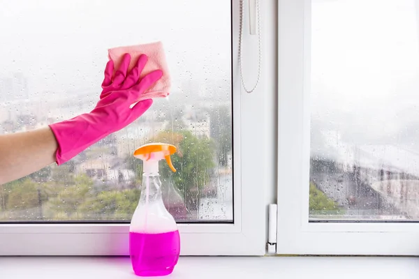 A female hand washes a window sill and a window with a rag