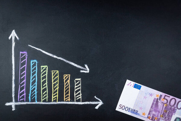 Finance business graph. Declining Line graph drawn with chalk on blackboard, euro fall