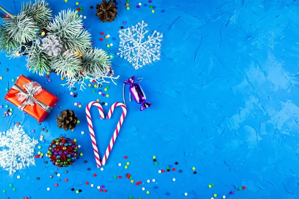 Nový Rok Vánoční Hračky Modrém Pozadí — Stock fotografie