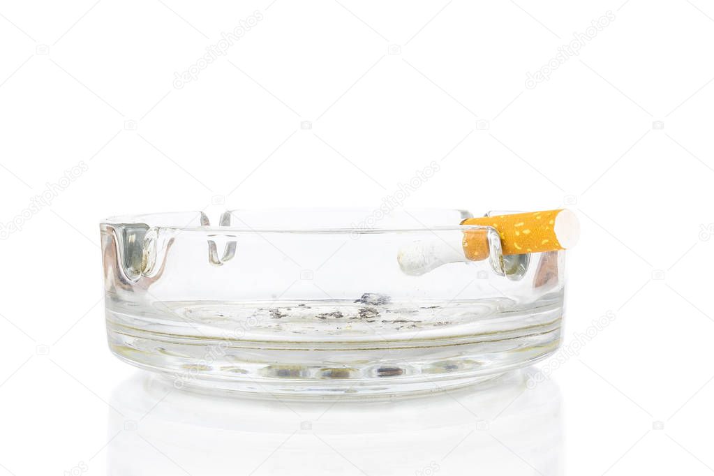 cigarette butt in ashtray on white background, isolated