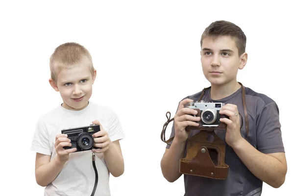 Chlapec Foto Fotoaparát Fotografie Dospívající Chlapec Fotoaparátem Fotit Bílém Pozadí — Stock fotografie