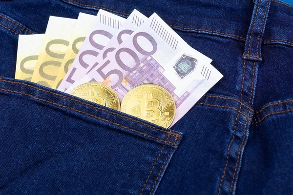 Bitcoin and the Euro, pocket — Stock Photo, Image