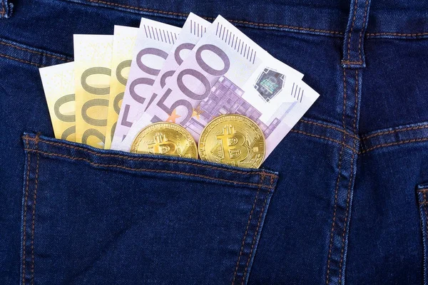 Bitcoin and the Euro, pocket — Stock Photo, Image