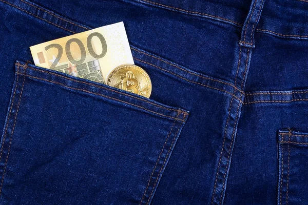 Bitcoin and the Euro, pocket — Stock Photo, Image