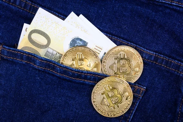 Bitcoin and the Euro, pocket — Stock Photo, Image