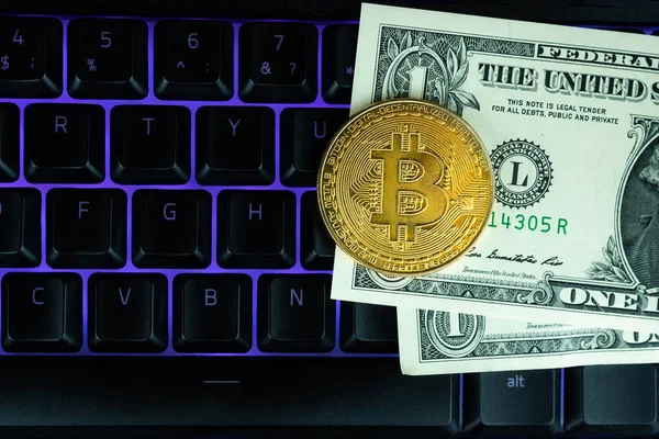 Bitcoin Laptopem Dolarami Bitcoin Złote Monety Banknotach Dolara Biuro Tło — Zdjęcie stockowe
