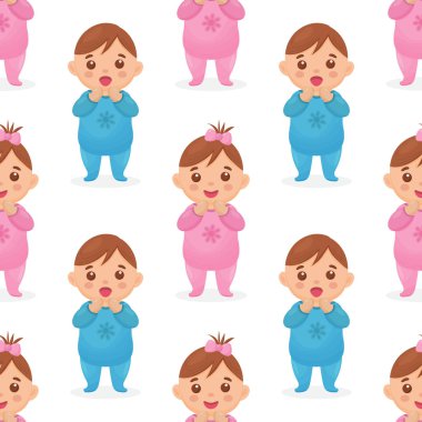 Kusursuz desenli, erkek ve kız çocuğu görüntülü. Vektör illüstrasyonu