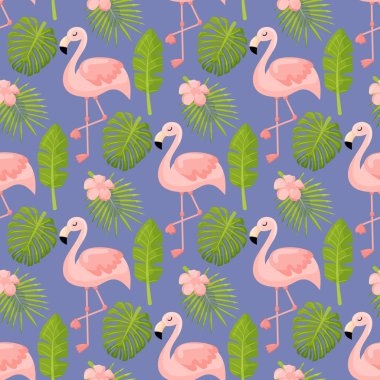 Tropikal palmiye yaprakları, flamingo ve amfibik çiçekli güzel bir vektör yaz deseni. Duvar kağıtları, web sayfası geçmişi, yüzey dokuları, tekstil için mükemmel. Vektör illüstrasyonu