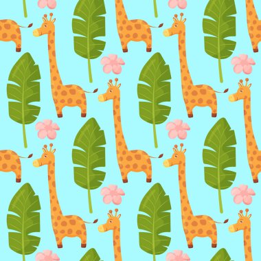 Şirin zürafası olan kusursuz çocuksu bir model. Kumaş, ambalaj, tekstil, duvar kâğıdı ve giysi için yaratıcı çocuk dokusu. Vektör illüstrasyonu. 