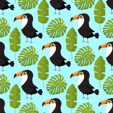 Tropikal yaprakları ve tukanları olan bir arka plan. Şık kumaş tasarımı için vektör kusursuz desen. Vektör illüstrasyonu