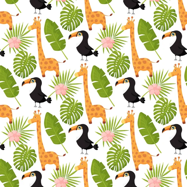 Girafas, tucanos e folhas de palma sem costura padrão. Animais da selva com plantas tropicais imprimir . — Vetor de Stock