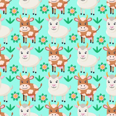Tarzlanmış çiftlik hayvanları ve çiçeklerle kusursuz bir desen. Keçi ve inekle vektör arkaplan.