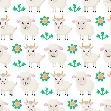 Tarzlanmış çiftlik hayvanları ve çiçeklerle kusursuz bir desen. Keçi ve koyunun vektör geçmişi.