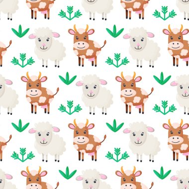 Şirin çiftlik hayvanları, çimenler ve çiçekler izole edilmiş arka plan. Çocuklar sorunsuz bir düzen içinde. Vektör basit inek, koyun. Komik karakterlerin tasviri.