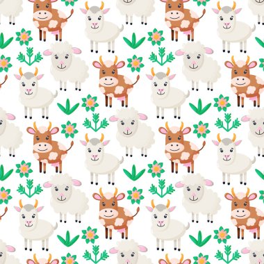 Şirin çiftlik hayvanları, çimenler ve çiçekler izole edilmiş arka plan. Çocuklar sorunsuz bir düzen içinde. Basit inek, koyun, keçi. Komik karakterlerin tasviri.