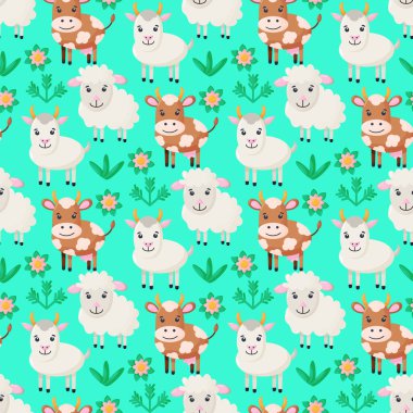 Şirin çiftlik hayvanları, çimenler ve çiçekler izole edilmiş arka plan. Çocuklar sorunsuz bir düzen içinde. Basit inek, koyun, keçi. Komik karakterlerin tasviri.